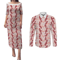 Hawaii Ti Leaf Maile Tuberose Lei Couples Matching Puletasi and Long Sleeve Button Shirt With Hanalei Leaf Red