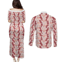 Hawaii Ti Leaf Maile Tuberose Lei Couples Matching Puletasi and Long Sleeve Button Shirt With Hanalei Leaf Red