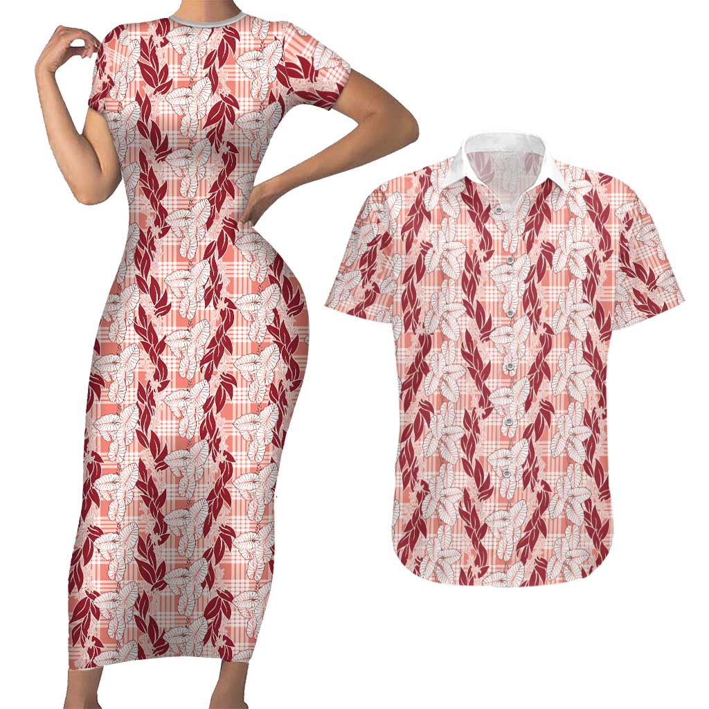 Hawaii Ti Leaf Maile Tuberose Lei Couples Matching Short Sleeve Bodycon Dress and Hawaiian Shirt With Hanalei Leaf Red LT05 Red - Polynesian Pride