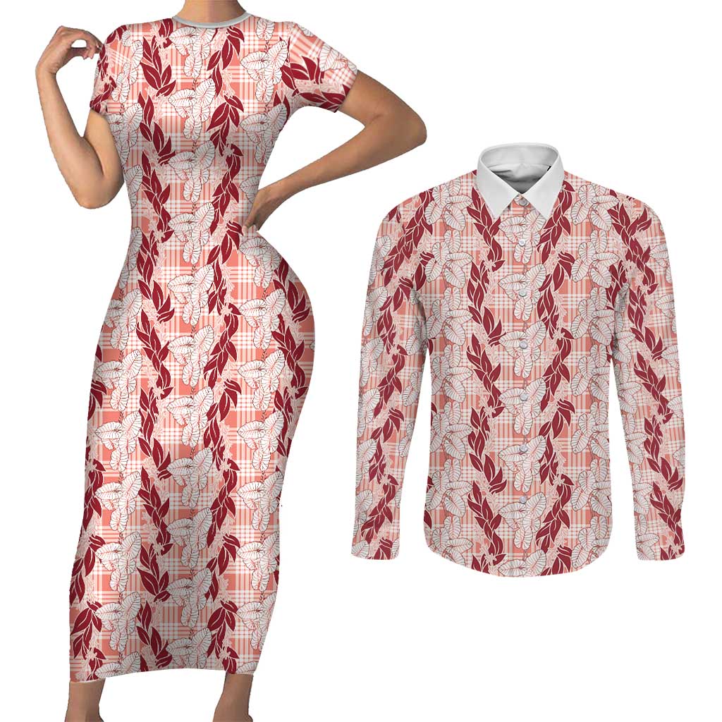 Hawaii Ti Leaf Maile Tuberose Lei Couples Matching Short Sleeve Bodycon Dress and Long Sleeve Button Shirt With Hanalei Leaf Red