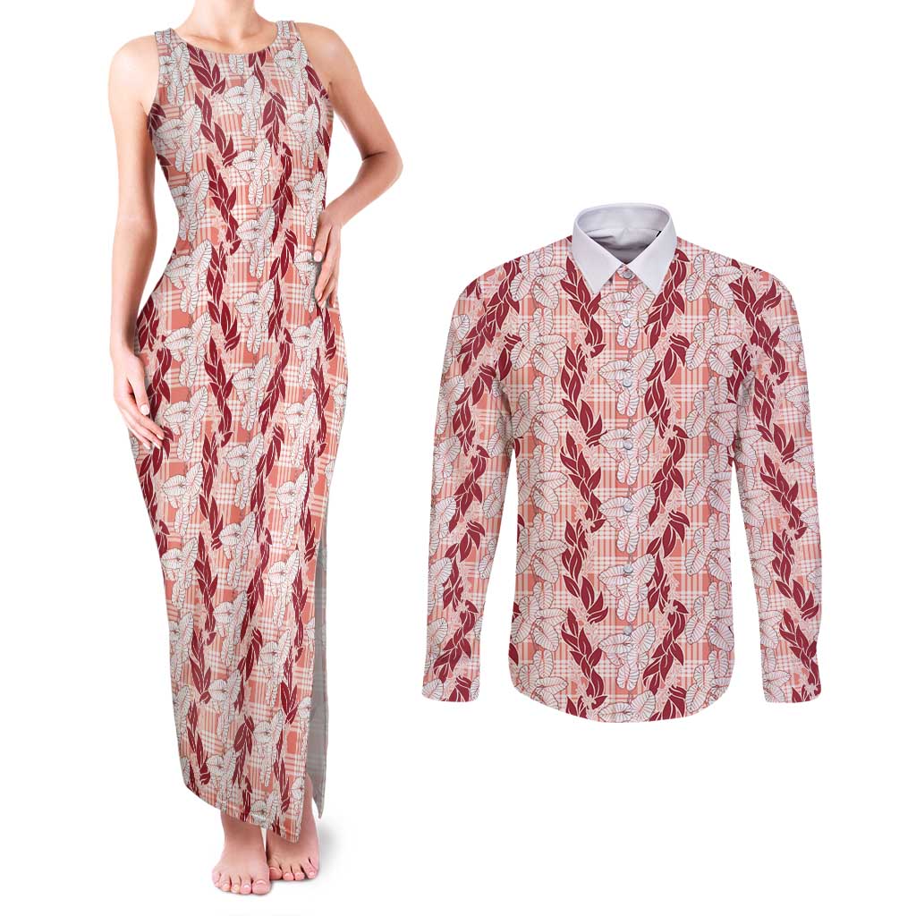 Hawaii Ti Leaf Maile Tuberose Lei Couples Matching Tank Maxi Dress and Long Sleeve Button Shirt With Hanalei Leaf Red
