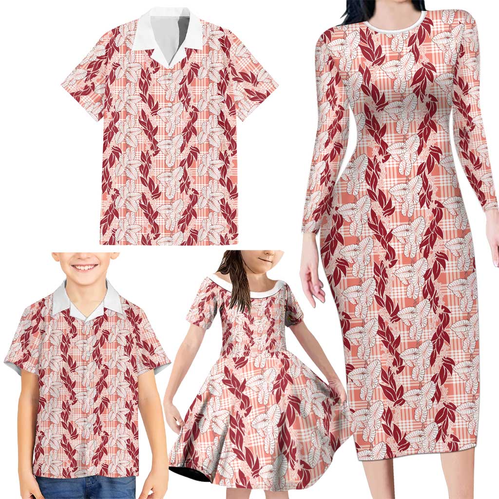 Hawaii Ti Leaf Maile Tuberose Lei Family Matching Long Sleeve Bodycon Dress and Hawaiian Shirt With Hanalei Leaf Red