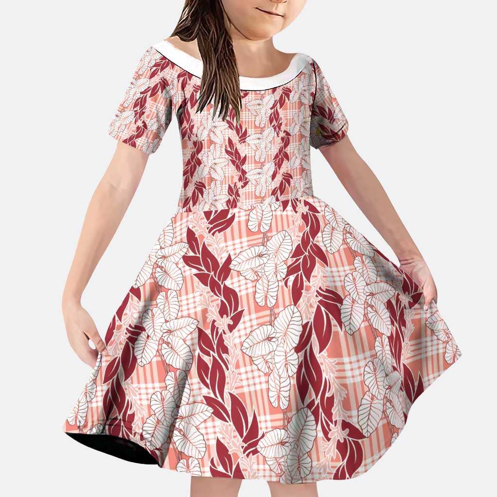 Hawaii Ti Leaf Maile Tuberose Lei Family Matching Mermaid Dress and Hawaiian Shirt With Hanalei Leaf Red LT05 Daughter's Dress Red - Polynesian Pride