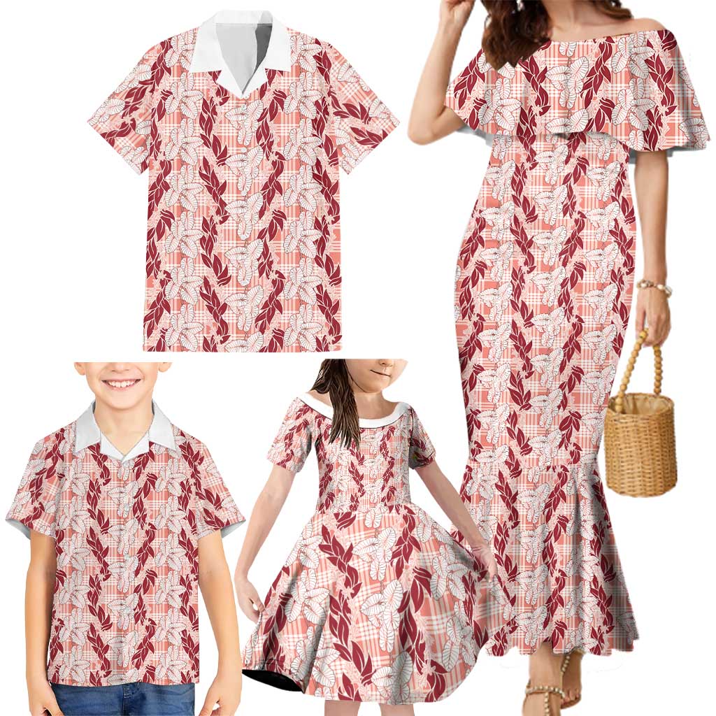 Hawaii Ti Leaf Maile Tuberose Lei Family Matching Mermaid Dress and Hawaiian Shirt With Hanalei Leaf Red LT05 - Polynesian Pride
