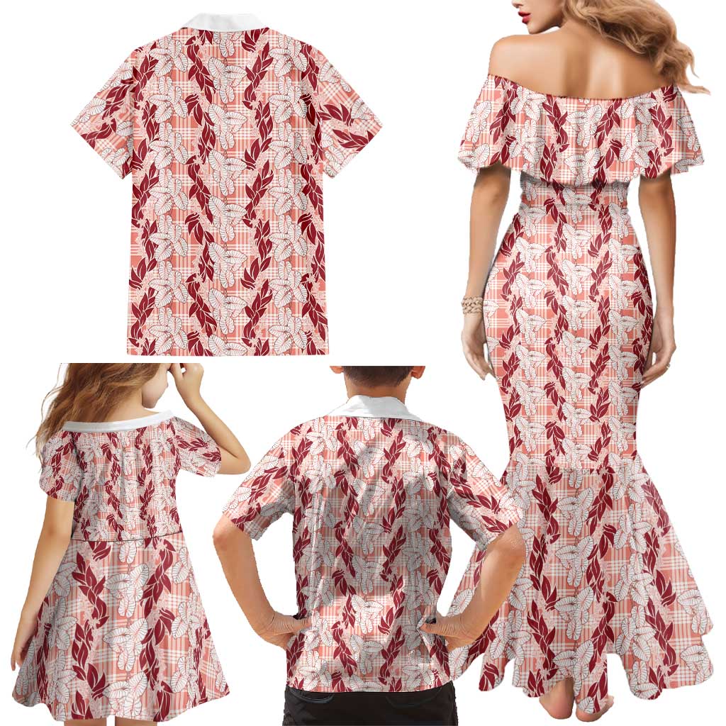Hawaii Ti Leaf Maile Tuberose Lei Family Matching Mermaid Dress and Hawaiian Shirt With Hanalei Leaf Red LT05 - Polynesian Pride