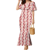 Hawaii Ti Leaf Maile Tuberose Lei Family Matching Mermaid Dress and Hawaiian Shirt With Hanalei Leaf Red LT05 Mom's Dress Red - Polynesian Pride
