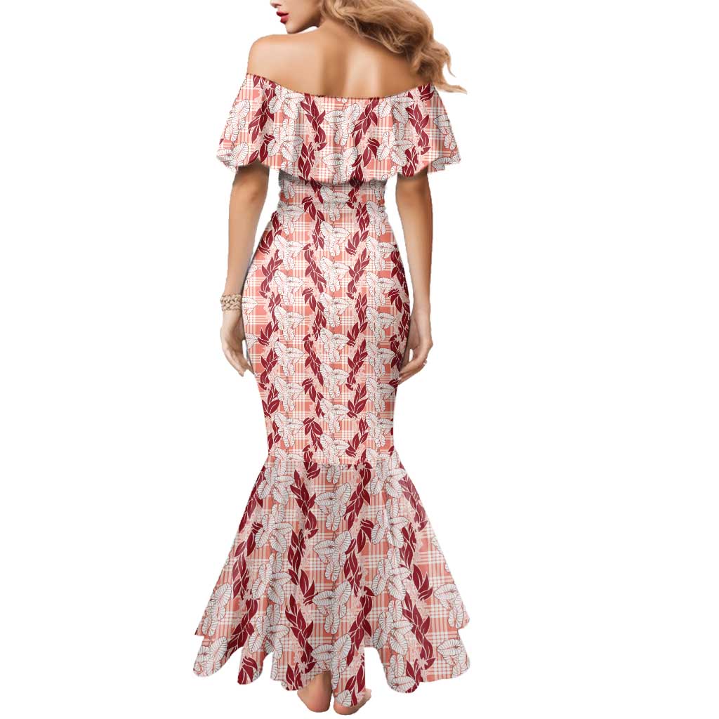 Hawaii Ti Leaf Maile Tuberose Lei Family Matching Mermaid Dress and Hawaiian Shirt With Hanalei Leaf Red LT05 - Polynesian Pride