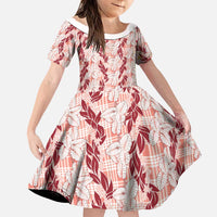 Hawaii Ti Leaf Maile Tuberose Lei Family Matching Short Sleeve Bodycon Dress and Hawaiian Shirt With Hanalei Leaf Red LT05 Daughter's Dress Red - Polynesian Pride
