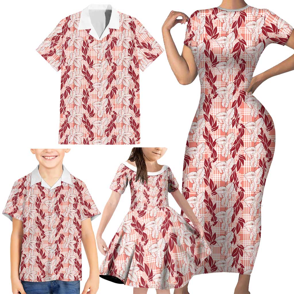 Hawaii Ti Leaf Maile Tuberose Lei Family Matching Short Sleeve Bodycon Dress and Hawaiian Shirt With Hanalei Leaf Red LT05 - Polynesian Pride