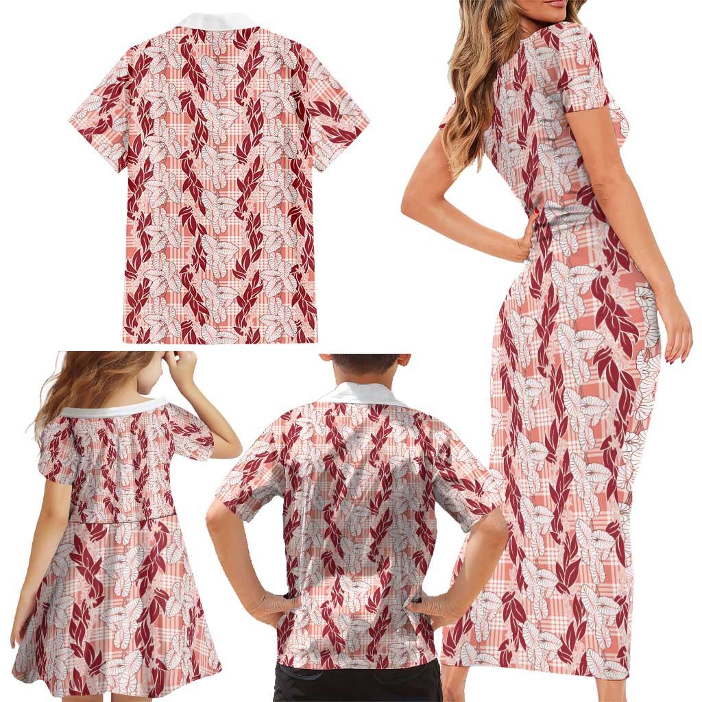 Hawaii Ti Leaf Maile Tuberose Lei Family Matching Short Sleeve Bodycon Dress and Hawaiian Shirt With Hanalei Leaf Red LT05 - Polynesian Pride