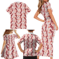 Hawaii Ti Leaf Maile Tuberose Lei Family Matching Short Sleeve Bodycon Dress and Hawaiian Shirt With Hanalei Leaf Red LT05 - Polynesian Pride