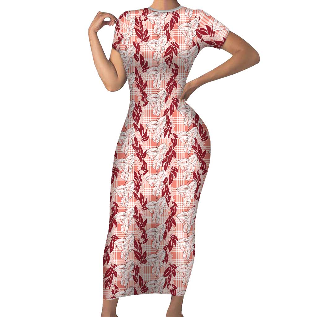 Hawaii Ti Leaf Maile Tuberose Lei Family Matching Short Sleeve Bodycon Dress and Hawaiian Shirt With Hanalei Leaf Red LT05 Mom's Dress Red - Polynesian Pride