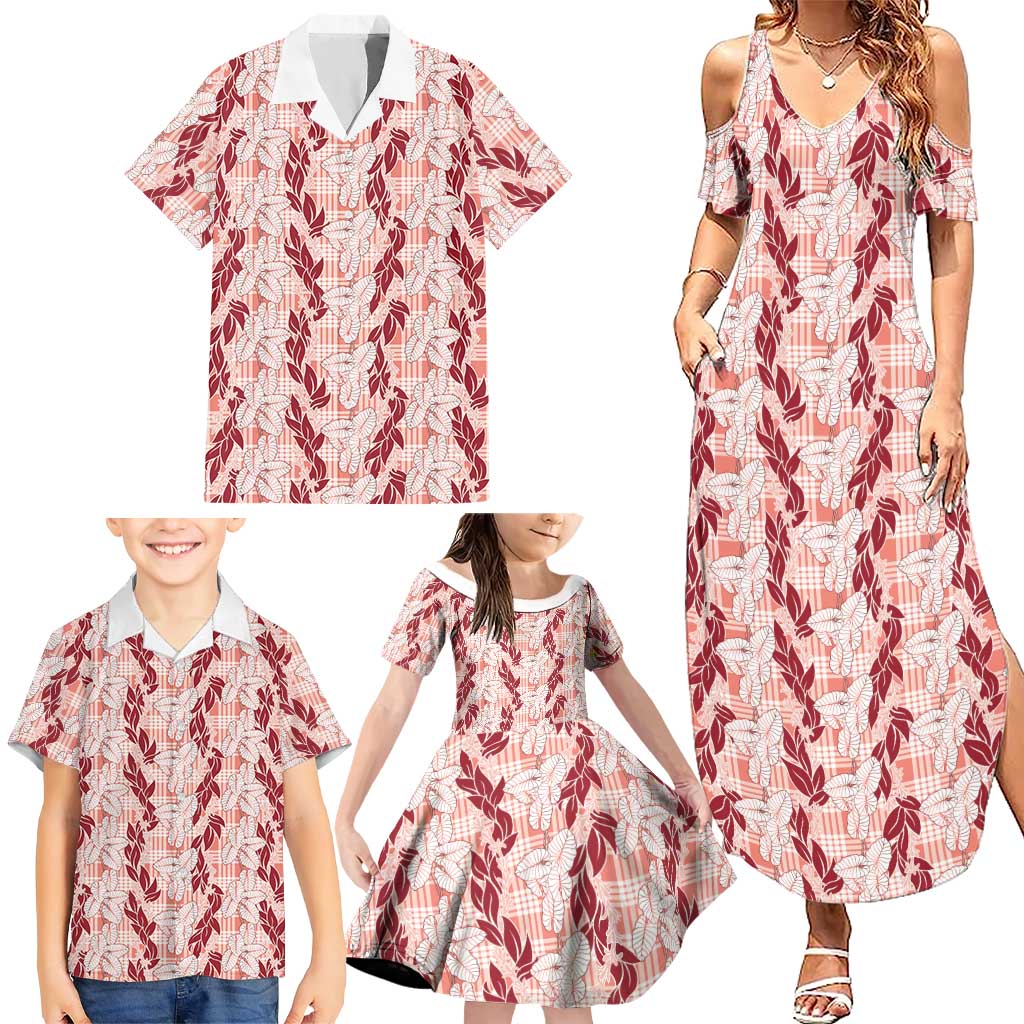 Hawaii Ti Leaf Maile Tuberose Lei Family Matching Summer Maxi Dress and Hawaiian Shirt With Hanalei Leaf Red