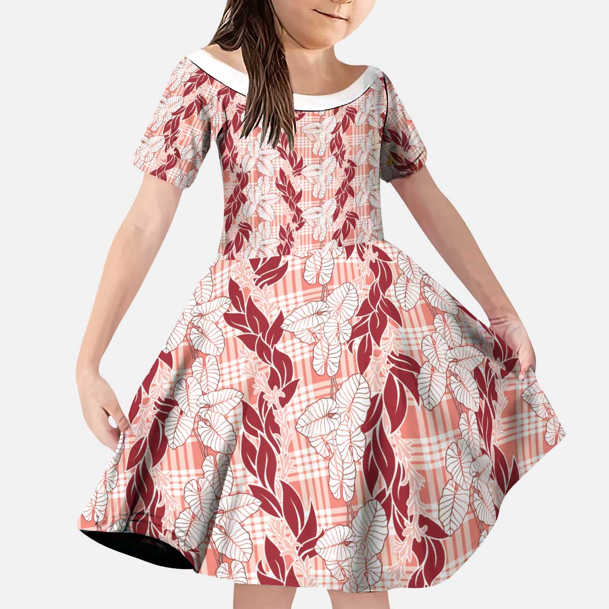 Hawaii Ti Leaf Maile Tuberose Lei Kid Short Sleeve Dress With Hanalei Leaf Red