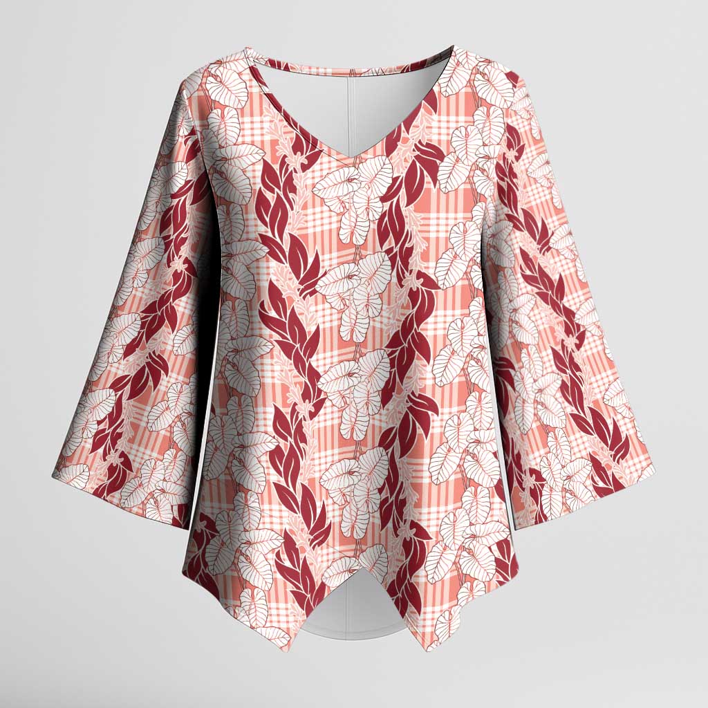 Hawaii Ti Leaf Maile Tuberose Lei Kimono Sleeve Blouse With Hanalei Leaf Red