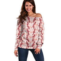 Hawaii Ti Leaf Maile Tuberose Lei Off Shoulder Sweater With Hanalei Leaf Red