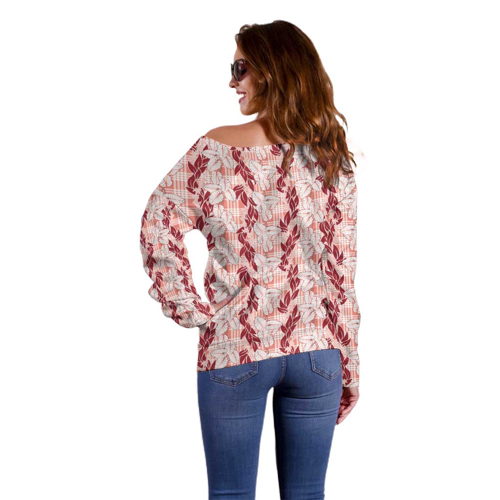 Hawaii Ti Leaf Maile Tuberose Lei Off Shoulder Sweater With Hanalei Leaf Red