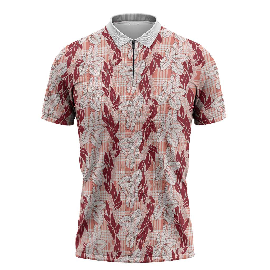 Hawaii Ti Leaf Maile Tuberose Lei Zipper Polo Shirt With Hanalei Leaf Red