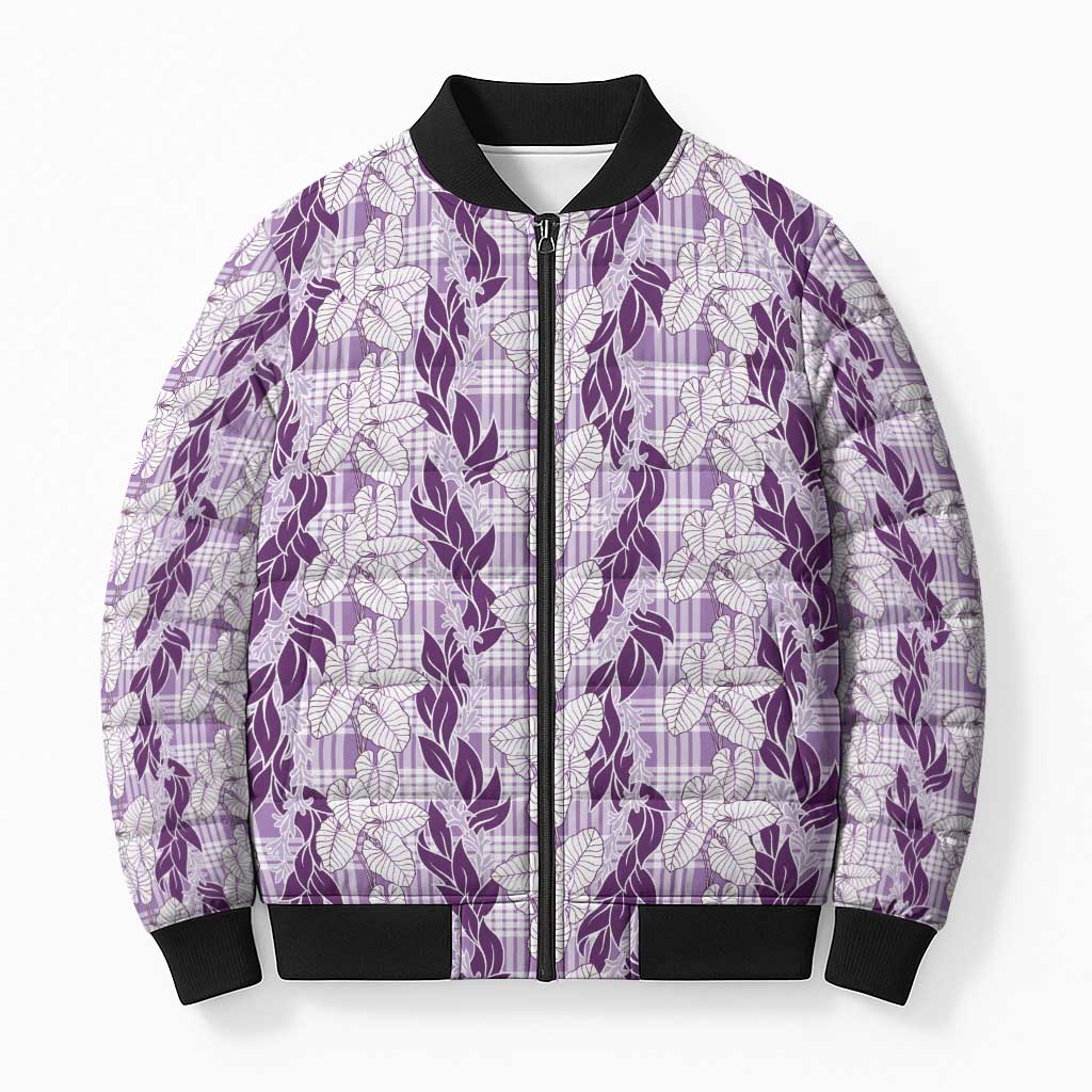 Hawaii Ti Leaf Maile Tuberose Lei Bomber Puffer Jacket With Hanalei Leaf Purple