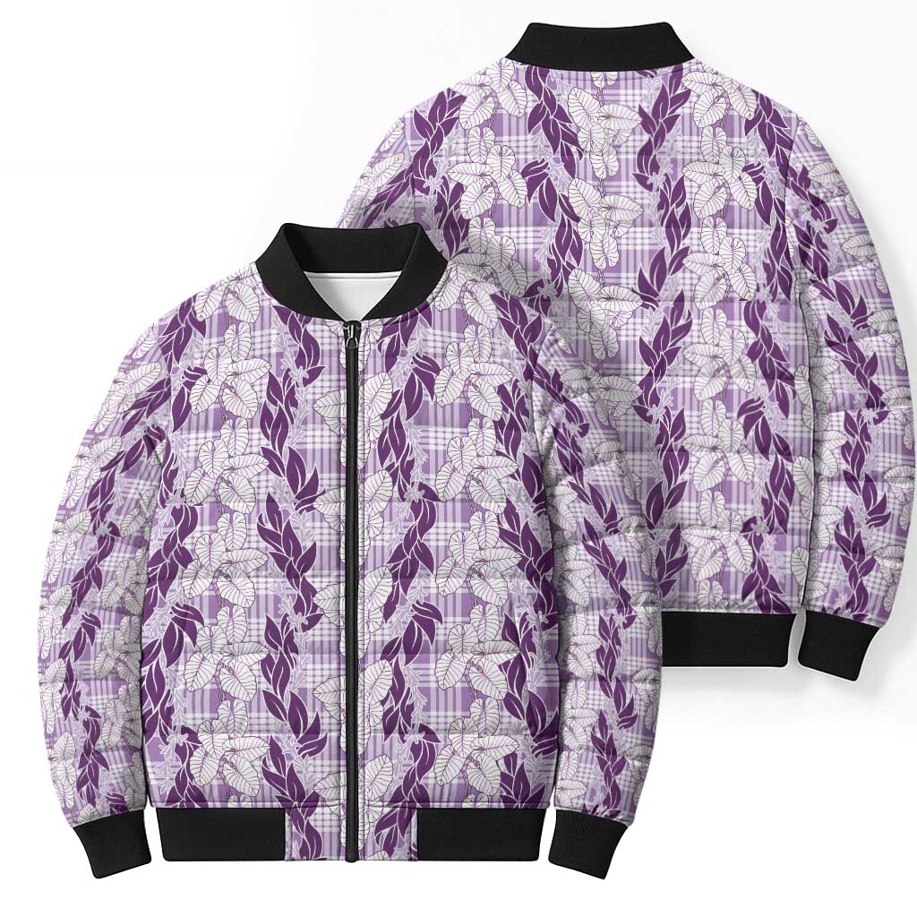 Hawaii Ti Leaf Maile Tuberose Lei Bomber Puffer Jacket With Hanalei Leaf Purple