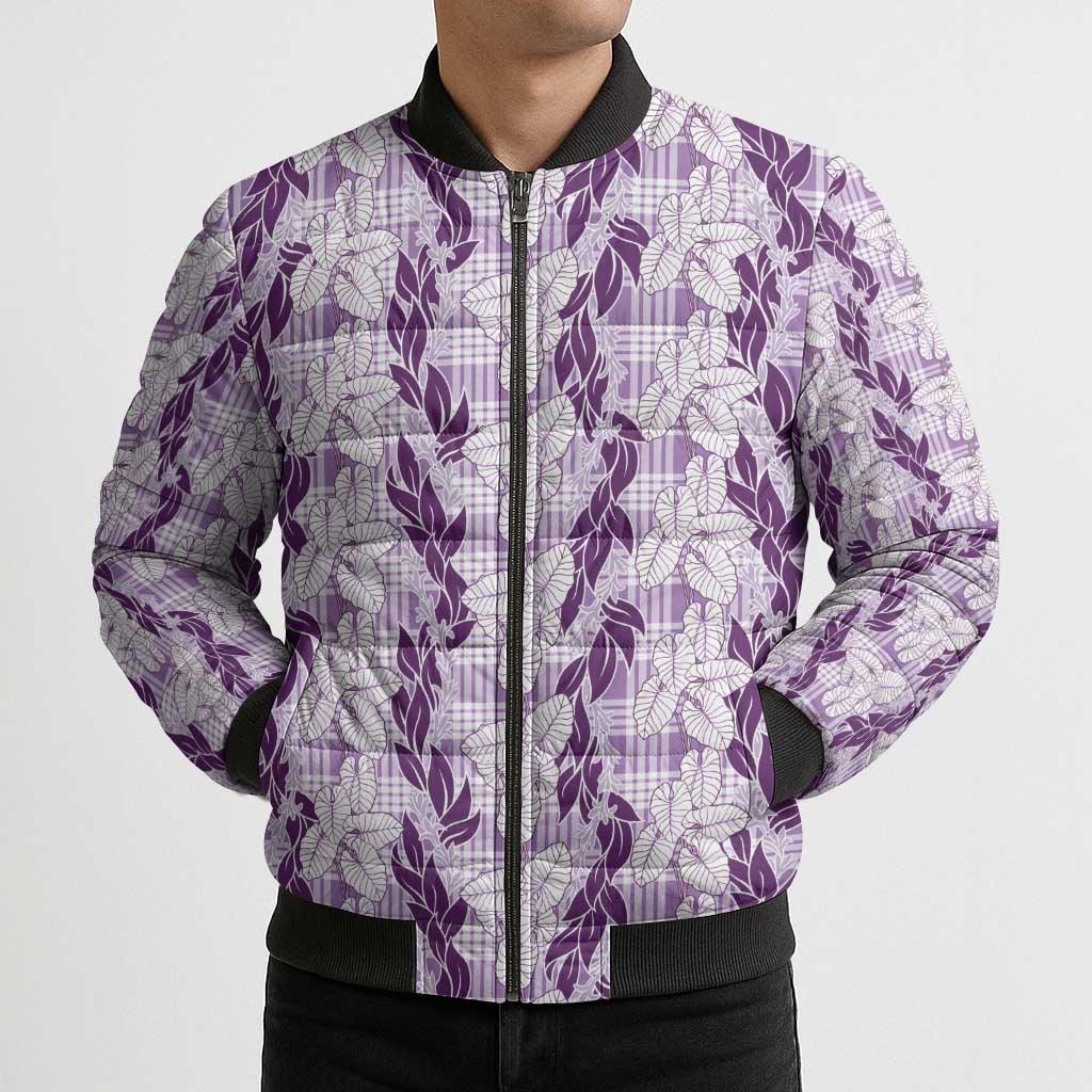 Hawaii Ti Leaf Maile Tuberose Lei Bomber Puffer Jacket With Hanalei Leaf Purple