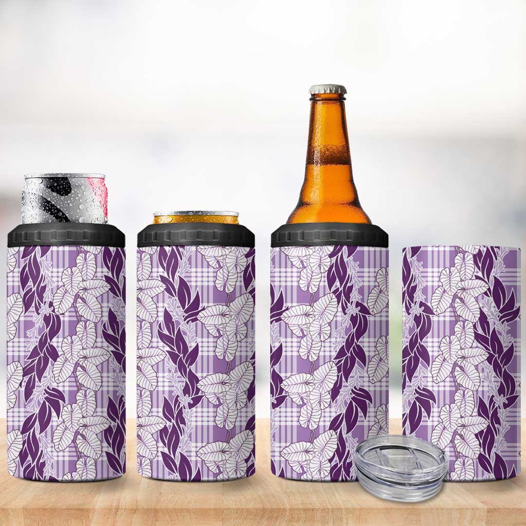 Hawaii Ti Leaf Maile Tuberose Lei 4 in 1 Can Cooler Tumbler With Hanalei Leaf Purple