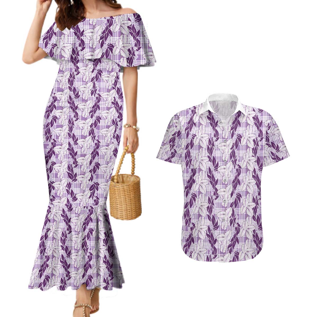 Hawaii Ti Leaf Maile Tuberose Lei Couples Matching Mermaid Dress and Hawaiian Shirt With Hanalei Leaf Purple
