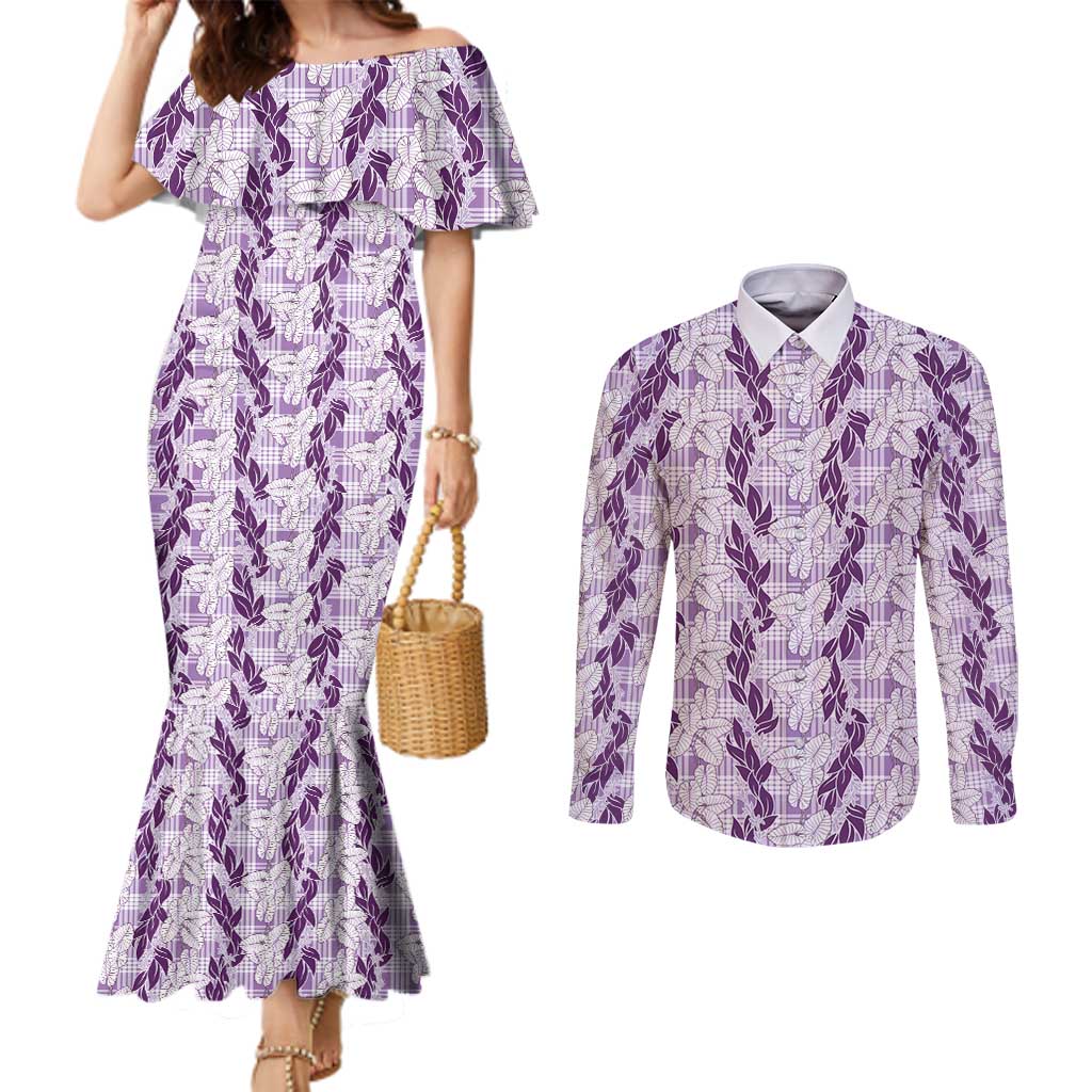 Hawaii Ti Leaf Maile Tuberose Lei Couples Matching Mermaid Dress and Long Sleeve Button Shirt With Hanalei Leaf Purple