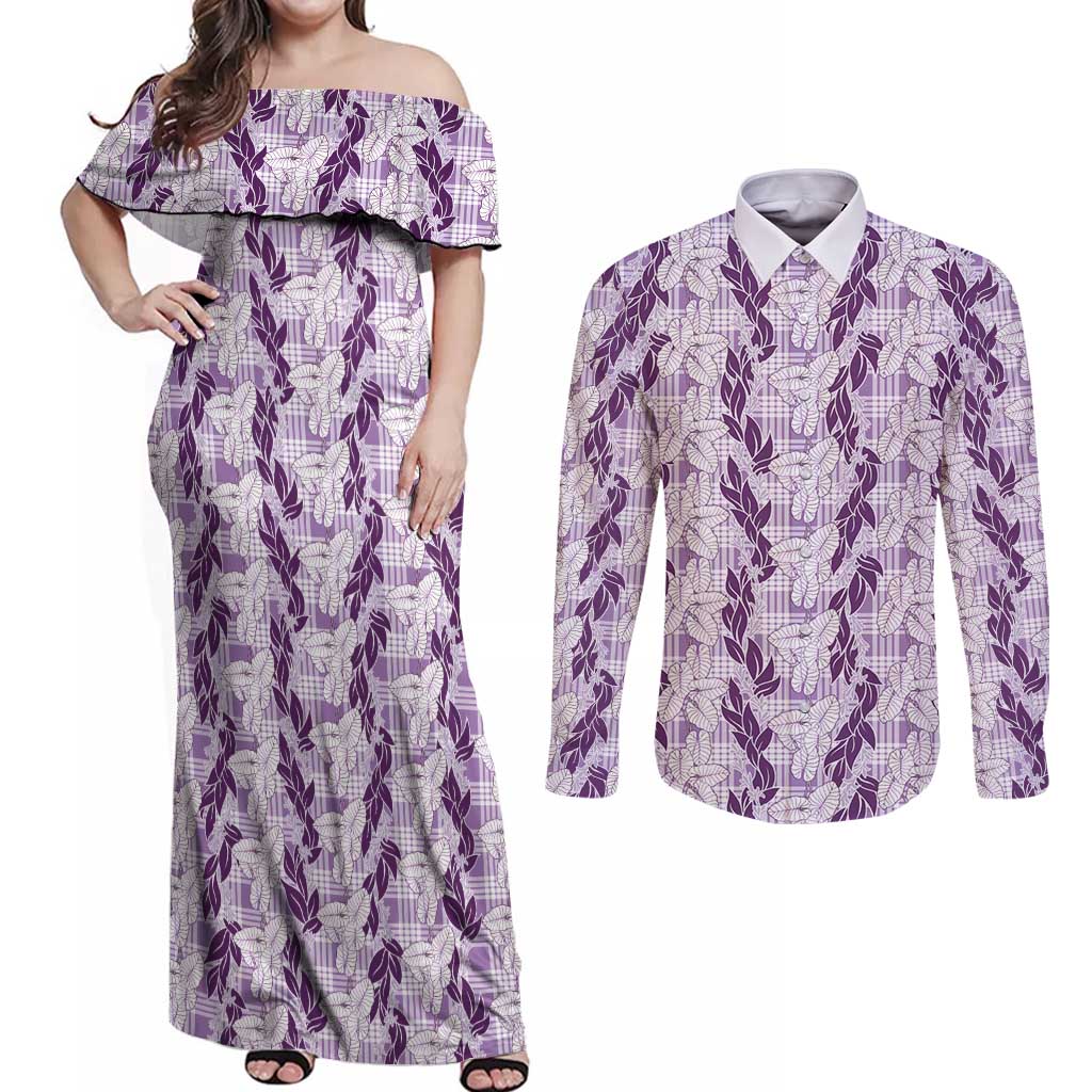 Hawaii Ti Leaf Maile Tuberose Lei Couples Matching Off Shoulder Maxi Dress and Long Sleeve Button Shirt With Hanalei Leaf Purple