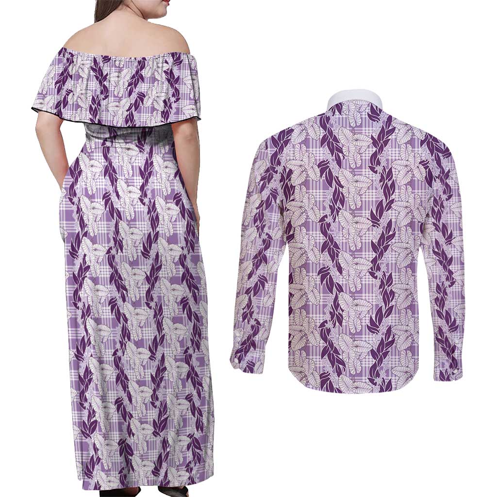 Hawaii Ti Leaf Maile Tuberose Lei Couples Matching Off Shoulder Maxi Dress and Long Sleeve Button Shirt With Hanalei Leaf Purple LT05 - Polynesian Pride
