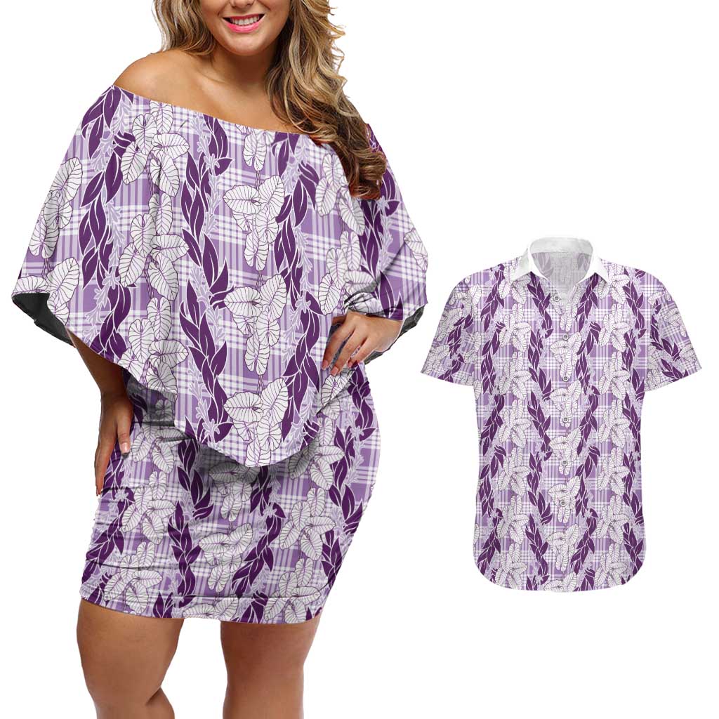 Hawaii Ti Leaf Maile Tuberose Lei Couples Matching Off Shoulder Short Dress and Hawaiian Shirt With Hanalei Leaf Purple