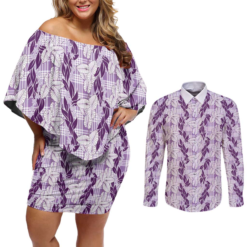 Hawaii Ti Leaf Maile Tuberose Lei Couples Matching Off Shoulder Short Dress and Long Sleeve Button Shirt With Hanalei Leaf Purple