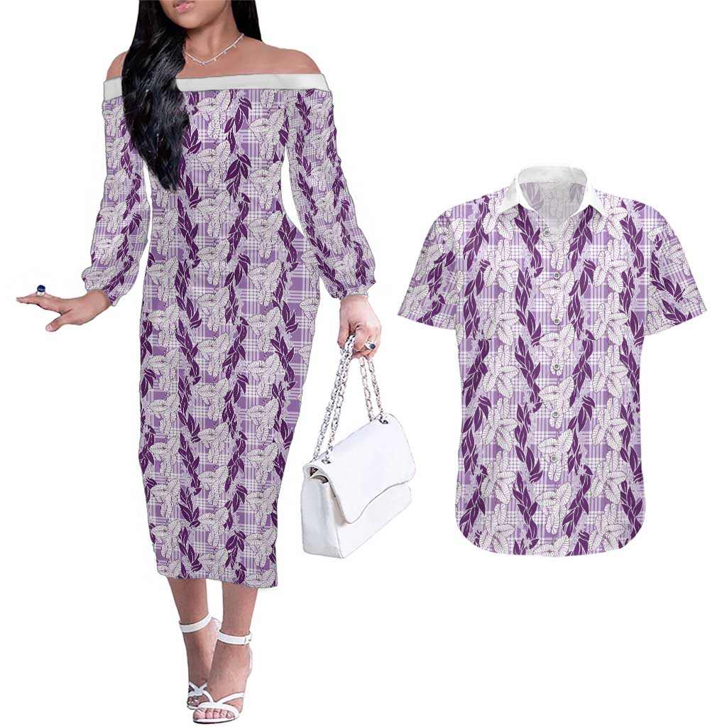 Hawaii Ti Leaf Maile Tuberose Lei Couples Matching Off The Shoulder Long Sleeve Dress and Hawaiian Shirt With Hanalei Leaf Purple
