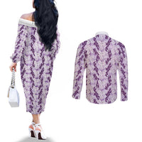 Hawaii Ti Leaf Maile Tuberose Lei Couples Matching Off The Shoulder Long Sleeve Dress and Long Sleeve Button Shirt With Hanalei Leaf Purple LT05 - Polynesian Pride