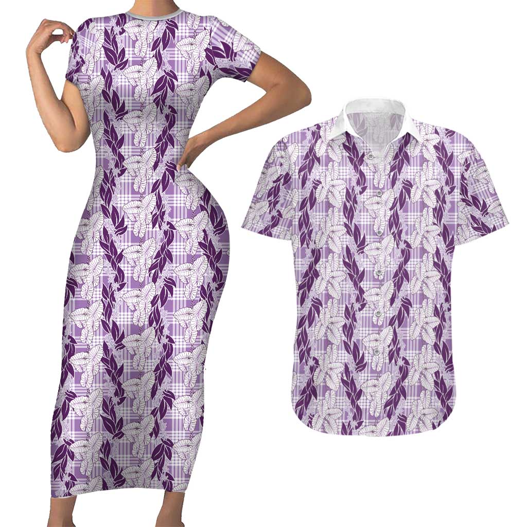 Hawaii Ti Leaf Maile Tuberose Lei Couples Matching Short Sleeve Bodycon Dress and Hawaiian Shirt With Hanalei Leaf Purple