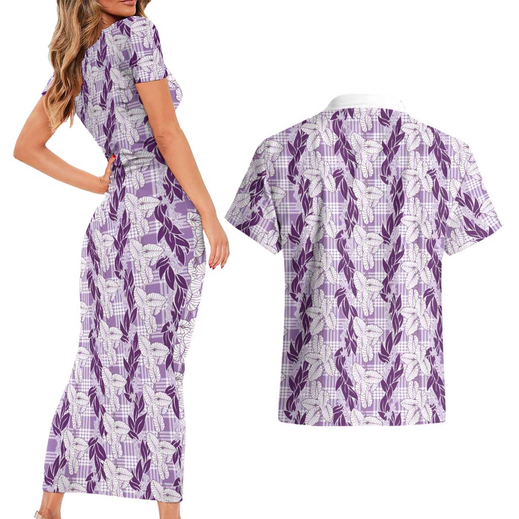 Hawaii Ti Leaf Maile Tuberose Lei Couples Matching Short Sleeve Bodycon Dress and Hawaiian Shirt With Hanalei Leaf Purple