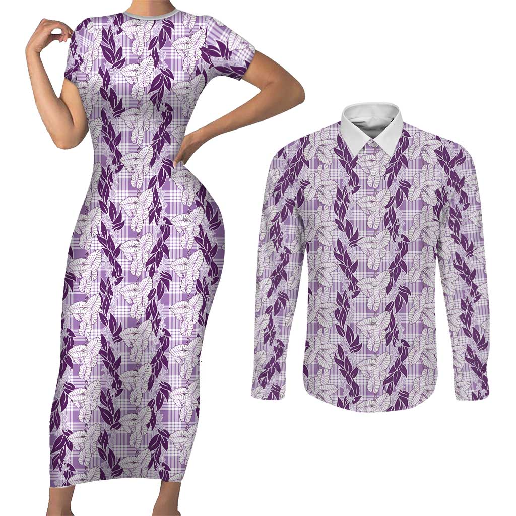Hawaii Ti Leaf Maile Tuberose Lei Couples Matching Short Sleeve Bodycon Dress and Long Sleeve Button Shirt With Hanalei Leaf Purple