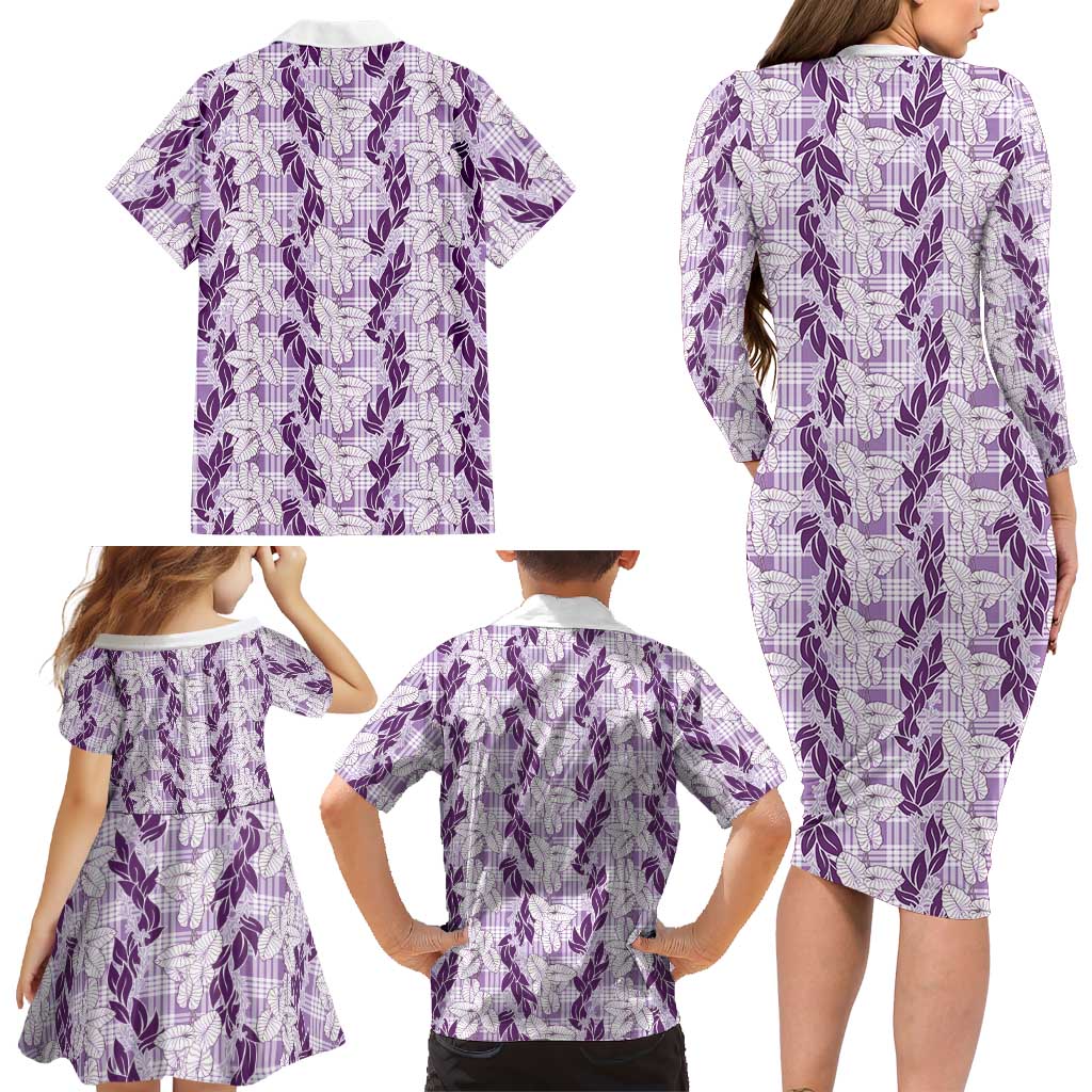 Hawaii Ti Leaf Maile Tuberose Lei Family Matching Long Sleeve Bodycon Dress and Hawaiian Shirt With Hanalei Leaf Purple