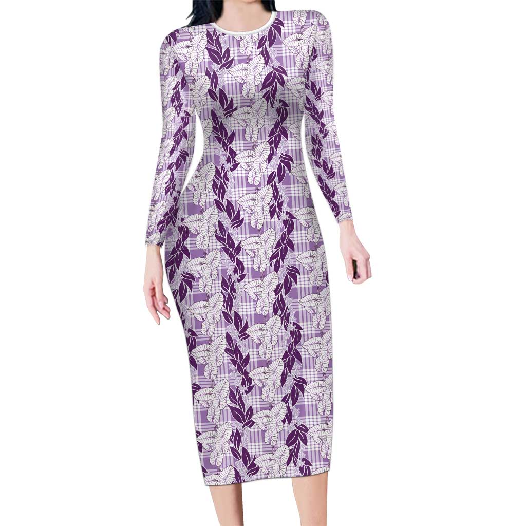 Hawaii Ti Leaf Maile Tuberose Lei Family Matching Long Sleeve Bodycon Dress and Hawaiian Shirt With Hanalei Leaf Purple