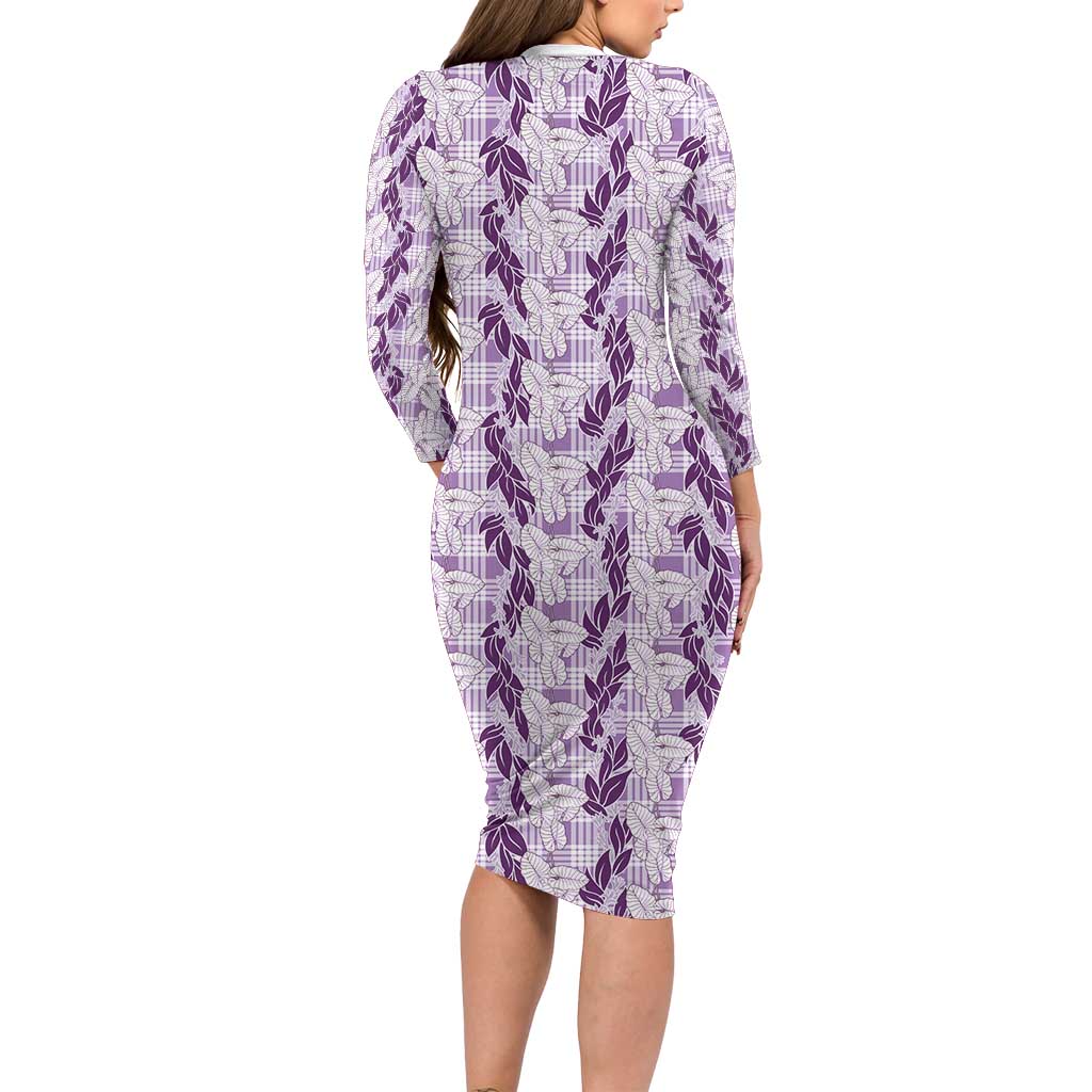 Hawaii Ti Leaf Maile Tuberose Lei Family Matching Long Sleeve Bodycon Dress and Hawaiian Shirt With Hanalei Leaf Purple
