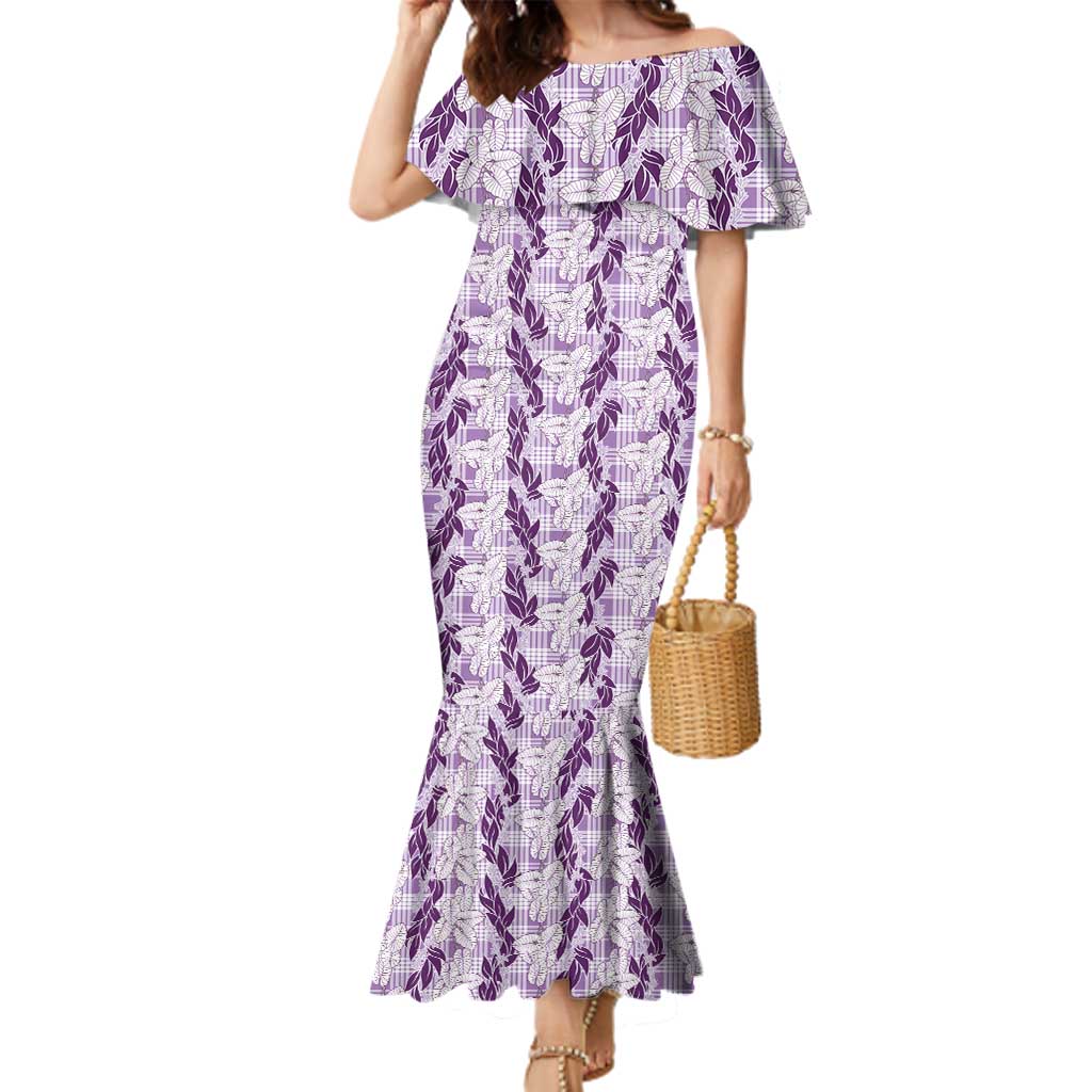 Hawaii Ti Leaf Maile Tuberose Lei Family Matching Mermaid Dress and Hawaiian Shirt With Hanalei Leaf Purple