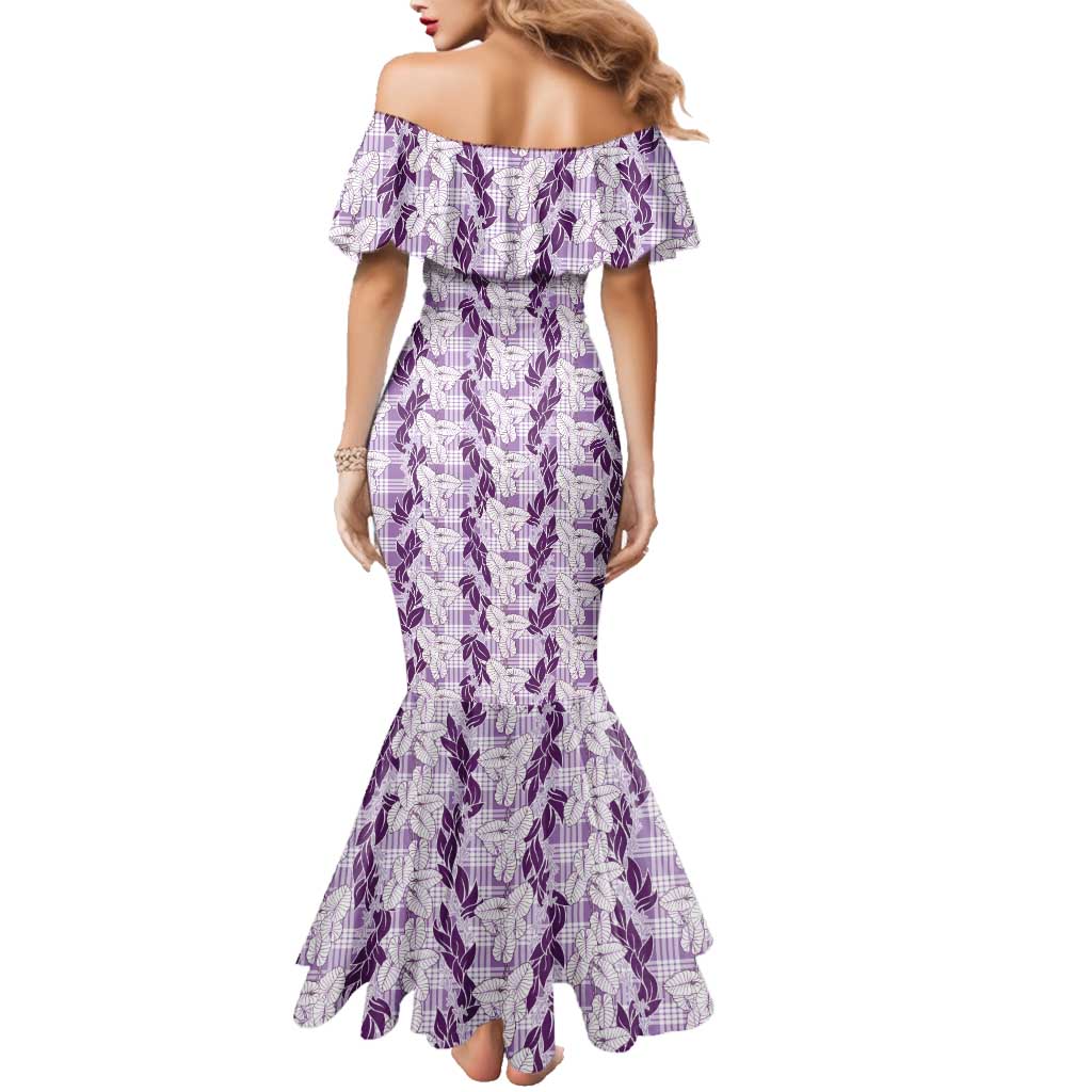 Hawaii Ti Leaf Maile Tuberose Lei Family Matching Mermaid Dress and Hawaiian Shirt With Hanalei Leaf Purple