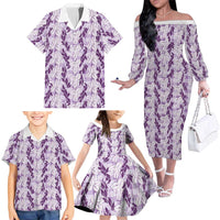 Hawaii Ti Leaf Maile Tuberose Lei Family Matching Off The Shoulder Long Sleeve Dress and Hawaiian Shirt With Hanalei Leaf Purple