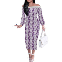 Hawaii Ti Leaf Maile Tuberose Lei Family Matching Off The Shoulder Long Sleeve Dress and Hawaiian Shirt With Hanalei Leaf Purple