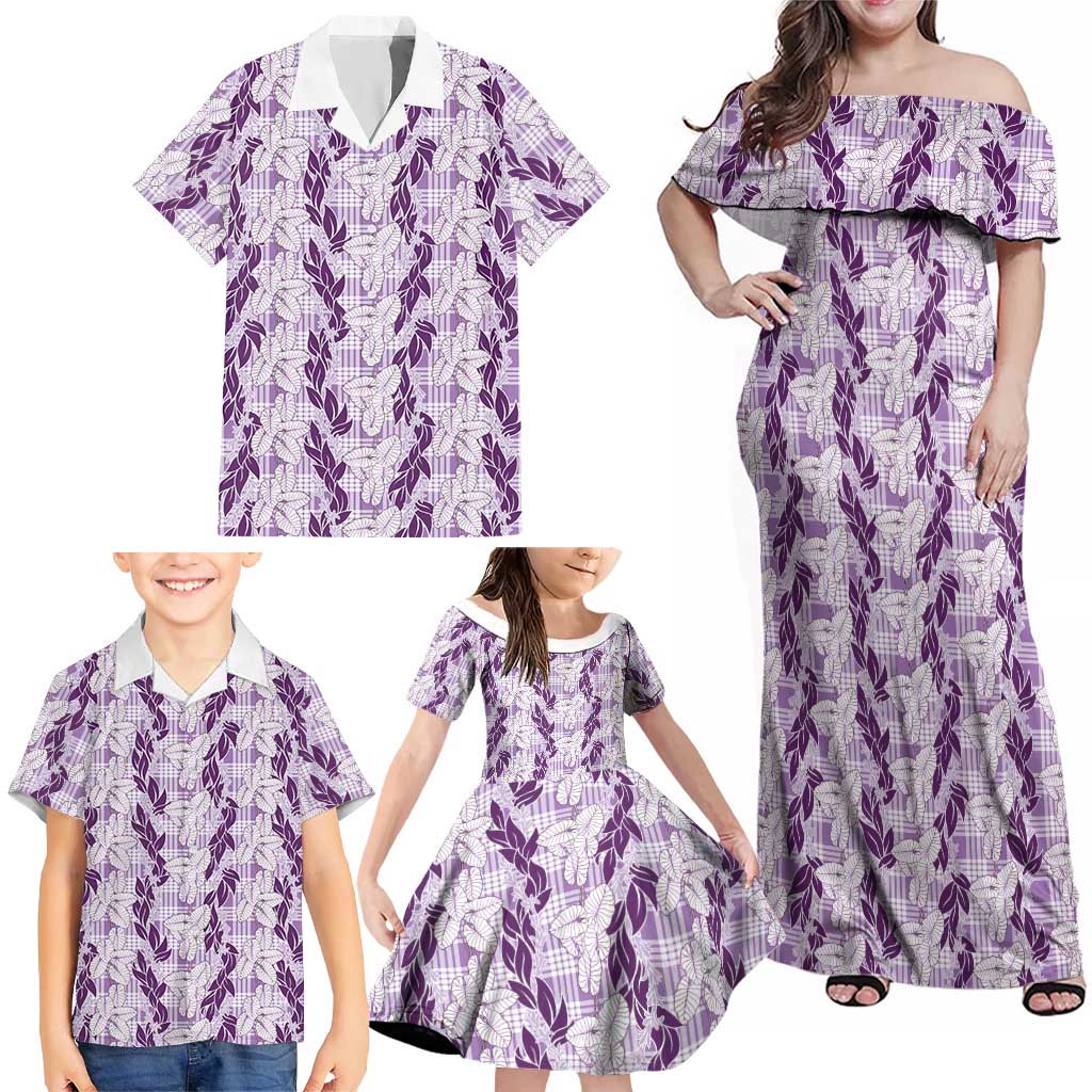 Hawaii Ti Leaf Maile Tuberose Lei Family Matching Off Shoulder Maxi Dress and Hawaiian Shirt With Hanalei Leaf Purple