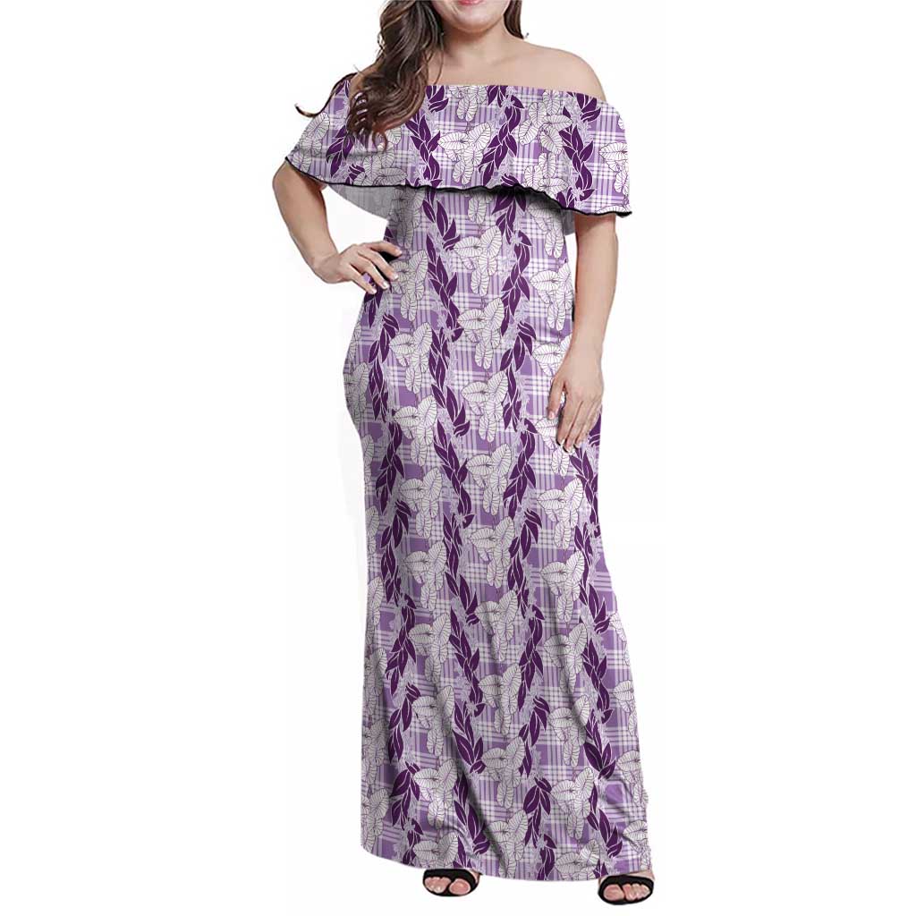 Hawaii Ti Leaf Maile Tuberose Lei Family Matching Off Shoulder Maxi Dress and Hawaiian Shirt With Hanalei Leaf Purple