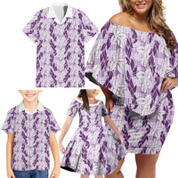Hawaii Ti Leaf Maile Tuberose Lei Family Matching Off Shoulder Short Dress and Hawaiian Shirt With Hanalei Leaf Purple