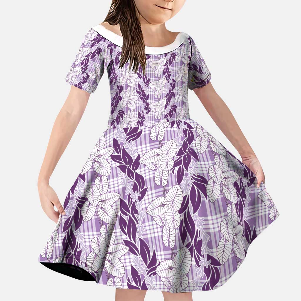 Hawaii Ti Leaf Maile Tuberose Lei Family Matching Puletasi and Hawaiian Shirt With Hanalei Leaf Purple LT05 Daughter's Dress Purple - Polynesian Pride