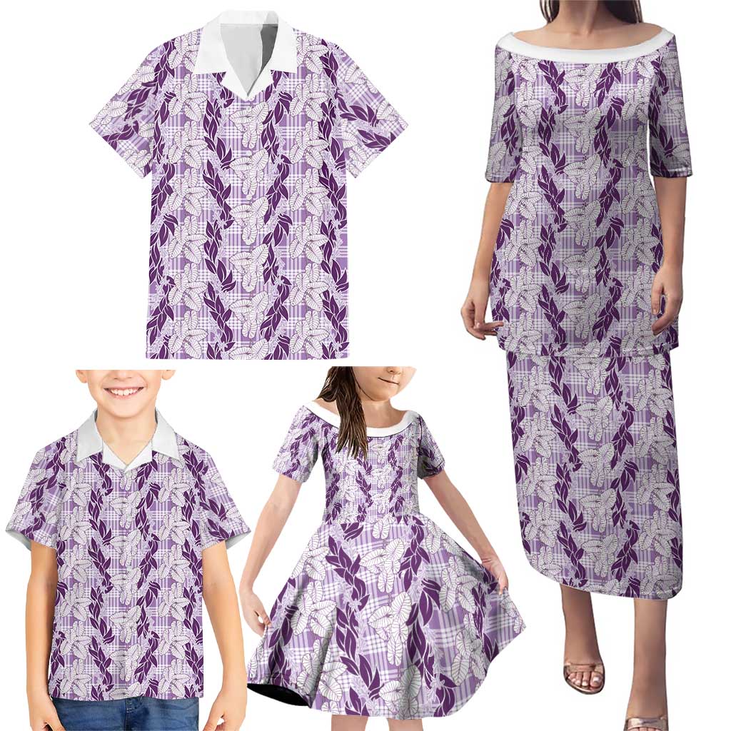 Hawaii Ti Leaf Maile Tuberose Lei Family Matching Puletasi and Hawaiian Shirt With Hanalei Leaf Purple LT05 - Polynesian Pride