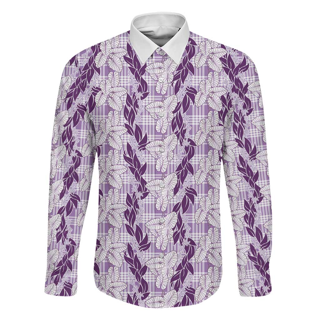 Hawaii Ti Leaf Maile Tuberose Lei Family Matching Puletasi and Hawaiian Shirt With Hanalei Leaf Purple LT05 Dad's Shirt - Long Sleeve Purple - Polynesian Pride
